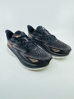 Hoka Clifton 9 Women’s Black and Rose Gold  color way.  SZ  9